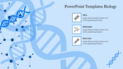 Biology-themed template featuring icons of DNA strands and molecular structures on a light blue background with text area.