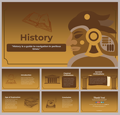 A pack of History themed slides covers various related topics and illustrations on a golden brown backdrop.