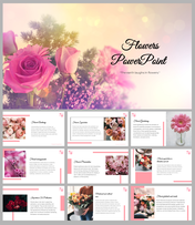 Floral themed slide deck featuring pink roses and various layouts with flower images and text on each slide.