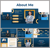 Blue and gold themed slide deck, highlighting a personal profile with sections for experience, skills, and a thank you note.