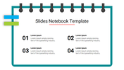 Notebook style slide with four numbered sections for text and a spiral binding design at the top.