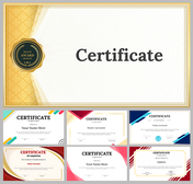 Certificate templates with various designs, featuring gold, blue, red, and abstract elements, for customizable use.