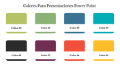 Colores para presentaciones slide featuring eight color blocks labeled from Color 01 to Color 08.