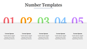 Slide displaying large, colorful numbers from 01 to 05 with corresponding text area sections below.