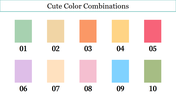 A grid of ten cute color combinations with numbered pastel shades ranging from green to blue, pink, and peach.