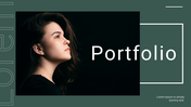 Portfolio PowerPoint slide featuring a profile image of a woman with a dark background with placeholder text.