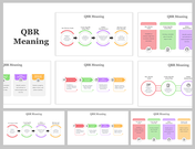 A pack of QBR meaning slides with various colorful layout designs and icons with text descriptions.