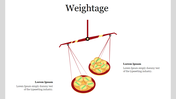 Balance scale with plates holding coin stacks in red pan, representing comparative weightage in a white background.