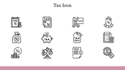 Tax icon set featuring a variety of black and white line illustrations representing different aspects of taxation.