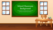 Cartoon-style classroom with a green chalkboard, wooden desk, and windows revealing a sunny sky.