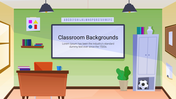 Illustrated classroom background slide with a desk, bookshelf, and a large screen displaying text.