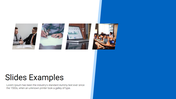 Four tilted business related images on a white background, next to a large blue panel on the right.