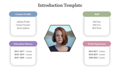 Introduction template  with a photo surrounded by sections for contact, skills, education history, and work experience.