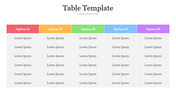 Colorful table template with five columns in red, orange, green, blue, and purple, filled with placeholder text.