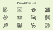 Collection of data analytics icons, including charts, browser windows, magnifying glasses, and statistical graphs.