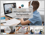 Slide deck showing a child attending an online class with a laptop, alongside smaller images of virtual classrooms.