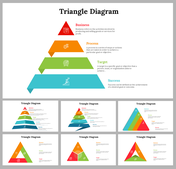 Slide pack featuring multi layered triangle images in various colors, illustrating steps from business to success.