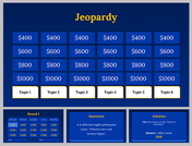 A pack of jeopardy game slides featuring a grid of topics and point values for interactive quiz sessions on a blue theme.