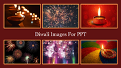 Collection of vibrant Diwali images featuring traditional oil lamps, fireworks, and colorful rangoli for presentations.