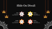 Decorative Diwali slide with hanging lamps, intricate corner designs, and four star shaped icons, on a black background.