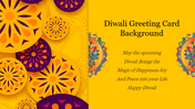 Bright and colorful Diwali greeting background slide featuring intricate yellow and purple patterns with a festive message.