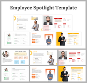 Employee spotlight slides featuring multiple layouts showcasing individual employee profiles with photos and achievements.