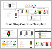 A pack of start stop continue slides utilizing traffic light graphics to convey project feedback and action items with text.