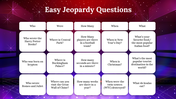 A pack of easy jeopardy questions slides featuring a game board layout with many categories on a glittered backdrop.