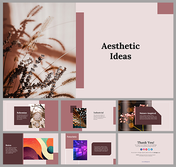 A set of slides with an aesthetic theme, featuring muted earth tones and images of nature,  patterns, and designs.