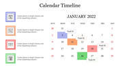 January 2022 calendar with task highlights in purple, orange, red, and green, next to four corresponding icons with captions.