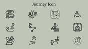 Set of journey themed icons including location pins, maps, and travel related symbols.