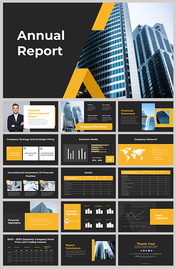 Annual report slide deck with black and yellow theme, showing company information, financial data, and strategy charts.