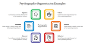 Six segments in a grid layout with icons and placeholder text for psychographic categories around central text.