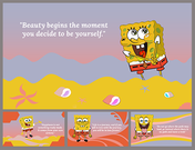 Slide deck with Spongebob character on a colorful landscape with seashells, featuring quotes and designs in yellow accents.