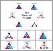 Collection of slides displaying different triangular diagrams in a mix of teal, purple, and orange colors.