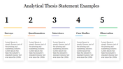 Slide showing examples of analytical thesis statements with five numbered caption area, under a main title.