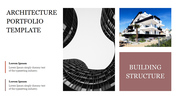 Modern architecture portfolio slide with a curved building photo, a contemporary house image, and text areas on the left.