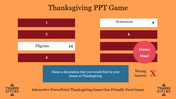 Thanksgiving-themed game with question and answer boxes, a scoreboard, and a decorative orange background.