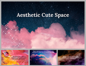 A slide with a night sky filled with stars and pink clouds, titled aesthetic cute space in white text.