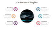 Car insurance template with a central car image surrounded by six circular icons linked with dashed lines.