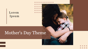 Mother’s day slide with a mother hugging child, in graphic layout with beige, brown blocks with dotted pattern.