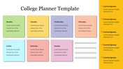 Weekly college planner template with color coded boxes for each day from monday to sunday, featuring a notes section.