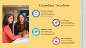 Consulting slide featuring key areas problem and solution, process, analysis and target, and consultants with icons.