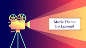 A colorful gradient background with a vintage movie projector casting light toward a white rectangular text box on the right.