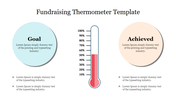 Fundraising thermometer template featuring a goal section , and an achieved section and a thermometer chart in the centre.