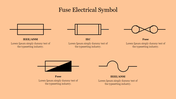 Orange-themed slide displaying multiple fuse symbols used in electrical diagrams, with text descriptions below each.