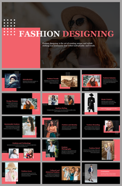 A pack of fashion designing slides with sections covering design process, styling, photography, and technology in fashion.