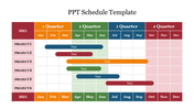 A project schedule slide featuring a 2021 timeline divided into four quarters with multi colored project bars.