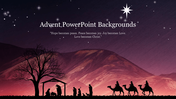 Background of the nativity under a starlit sky, with a peaceful quote about advent and three wise men traveling on camels.