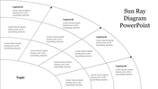 Sun ray diagram slide with  curved lines radiating from a central circle with each segment containing placeholder text.